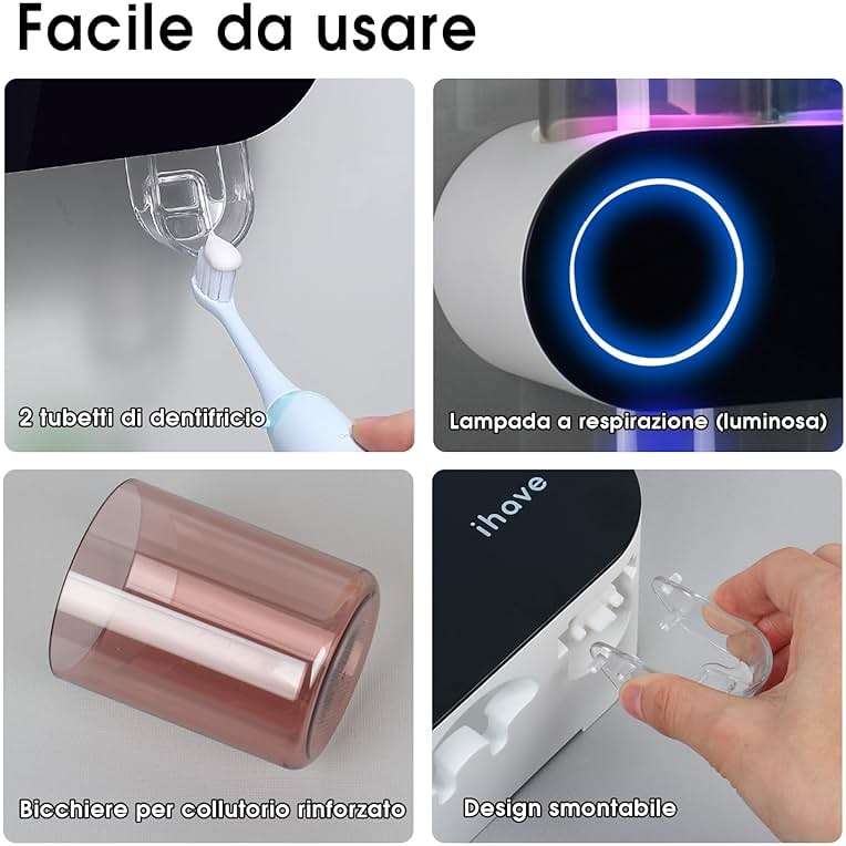 iHave Wall Mounted Electric Toothbrush Holders with 3 Cups, UV Sanitizer, Toothpaste Dispenser, Smart Home Bathroom Accessories & Decor, Black - Image 8
