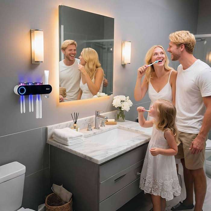 iHave Wall Mounted Electric Toothbrush Holders with 3 Cups, UV Sanitizer, Toothpaste Dispenser, Smart Home Bathroom Accessories & Decor, Black - Image 9