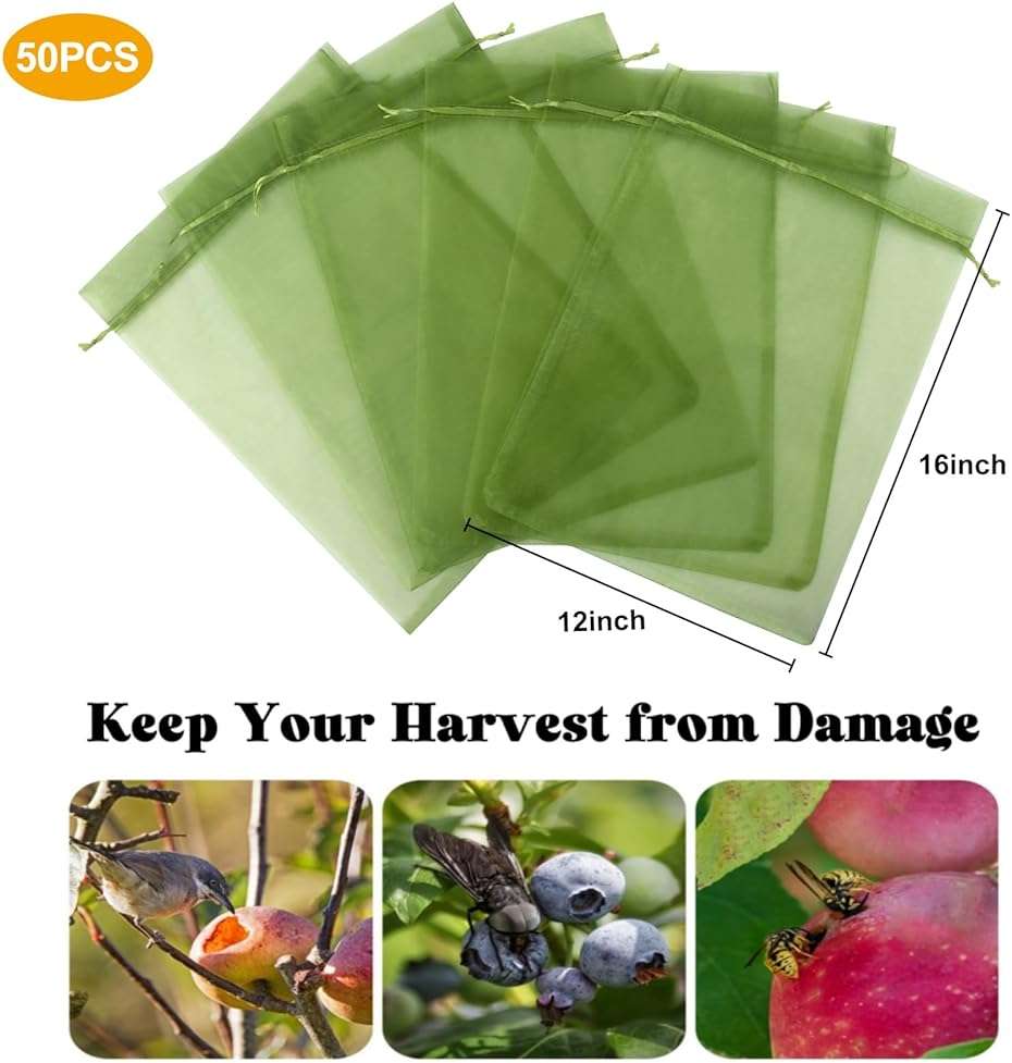 Unves 12 x 16 Inch Fruit Protection Bags, Garden Mesh Bags for Vegetables Fruits Covers, Drawstring Mesh Fruit Netting Bag for Banana Grape Pepper Garden Supplies, Green, 50 Pcs - Image 3