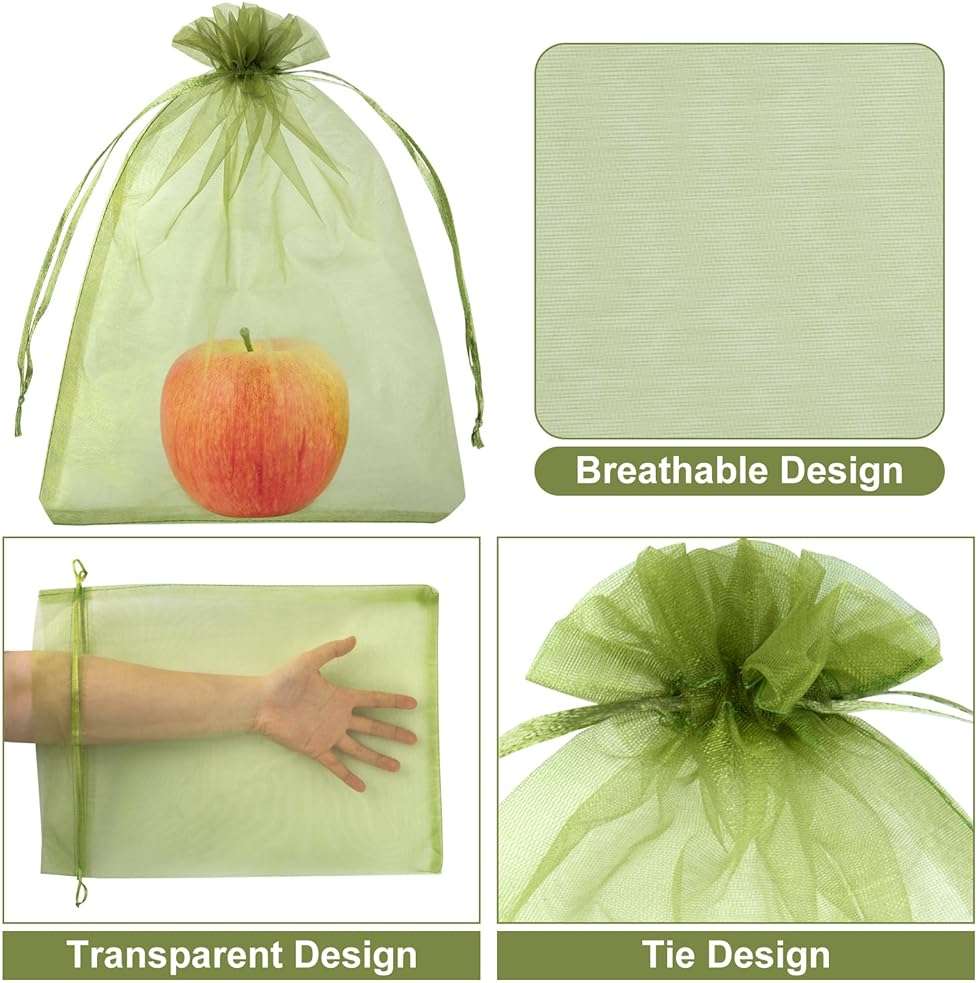 Unves 12 x 16 Inch Fruit Protection Bags, Garden Mesh Bags for Vegetables Fruits Covers, Drawstring Mesh Fruit Netting Bag for Banana Grape Pepper Garden Supplies, Green, 50 Pcs - Image 7