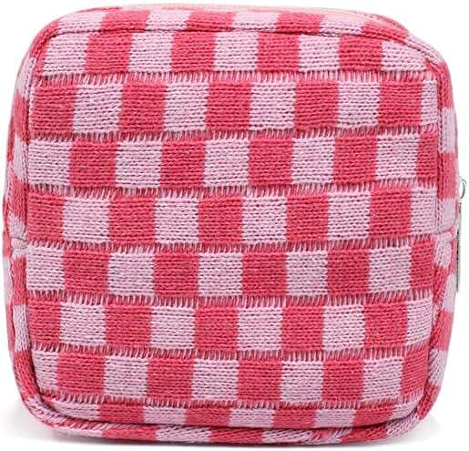 FFpaw Small Pink Makeup Bag for Purse, Mini Checkered Cosmetic Bag Zipper Cute Make Up Pouch Travel Toiletry Case Quilted Aesthetic Accessories Makeup Storage Bag Organizer for Women Girls - Image 1