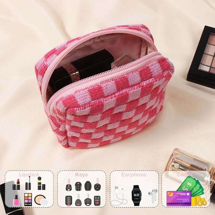 FFpaw Small Pink Makeup Bag for Purse, Mini Checkered Cosmetic Bag Zipper Cute Make Up Pouch Travel Toiletry Case Quilted Aesthetic Accessories Makeup Storage Bag Organizer for Women Girls - Image 4