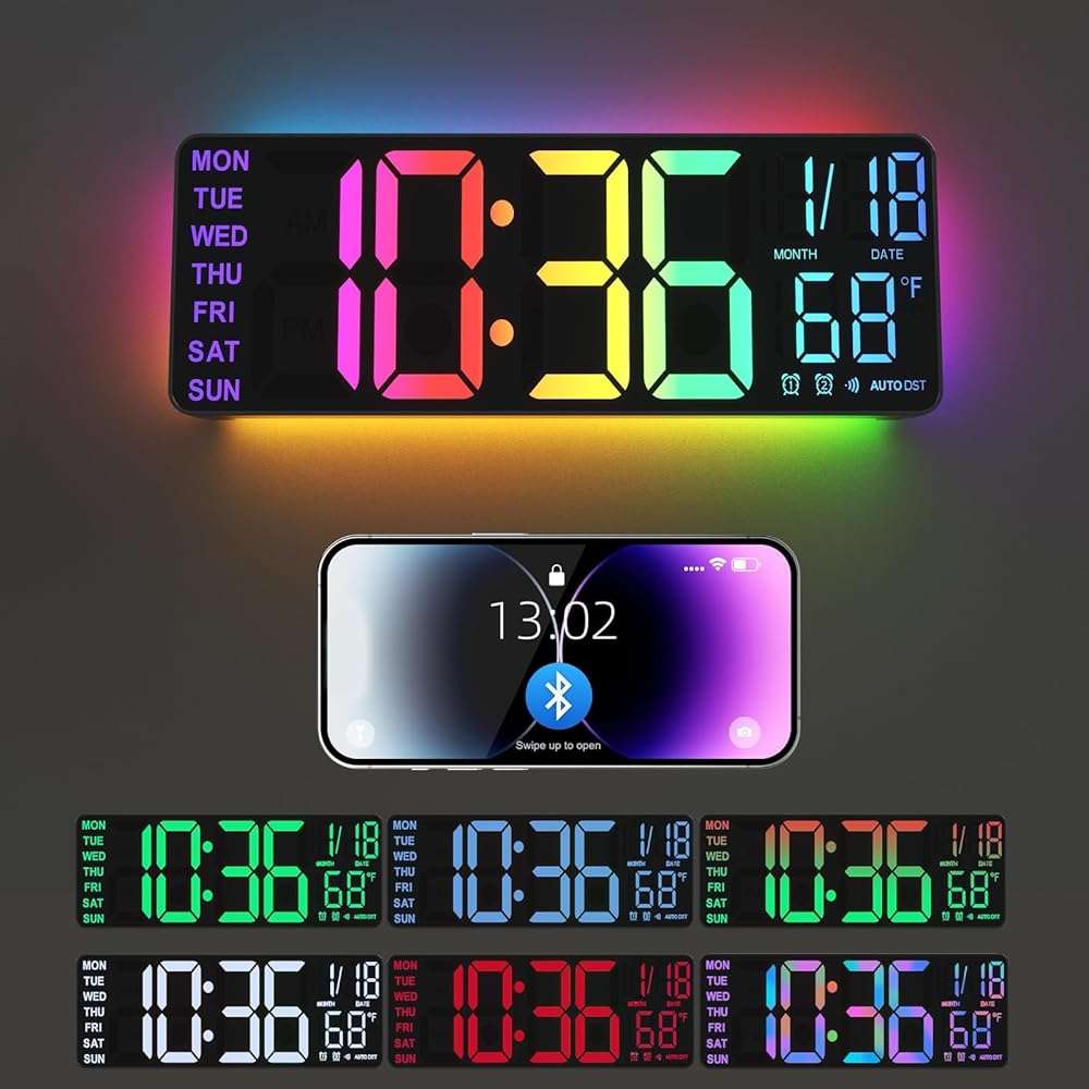 YISILE 13" Digital Wall Clock with Night Light,8 RGB Color,Dual Alarms with Large Display, Dimmer, Auto DST, Voice Control, Auto Time Sync,Remote Control for Living Room Bedroom,Gift for All Ages - Image 1