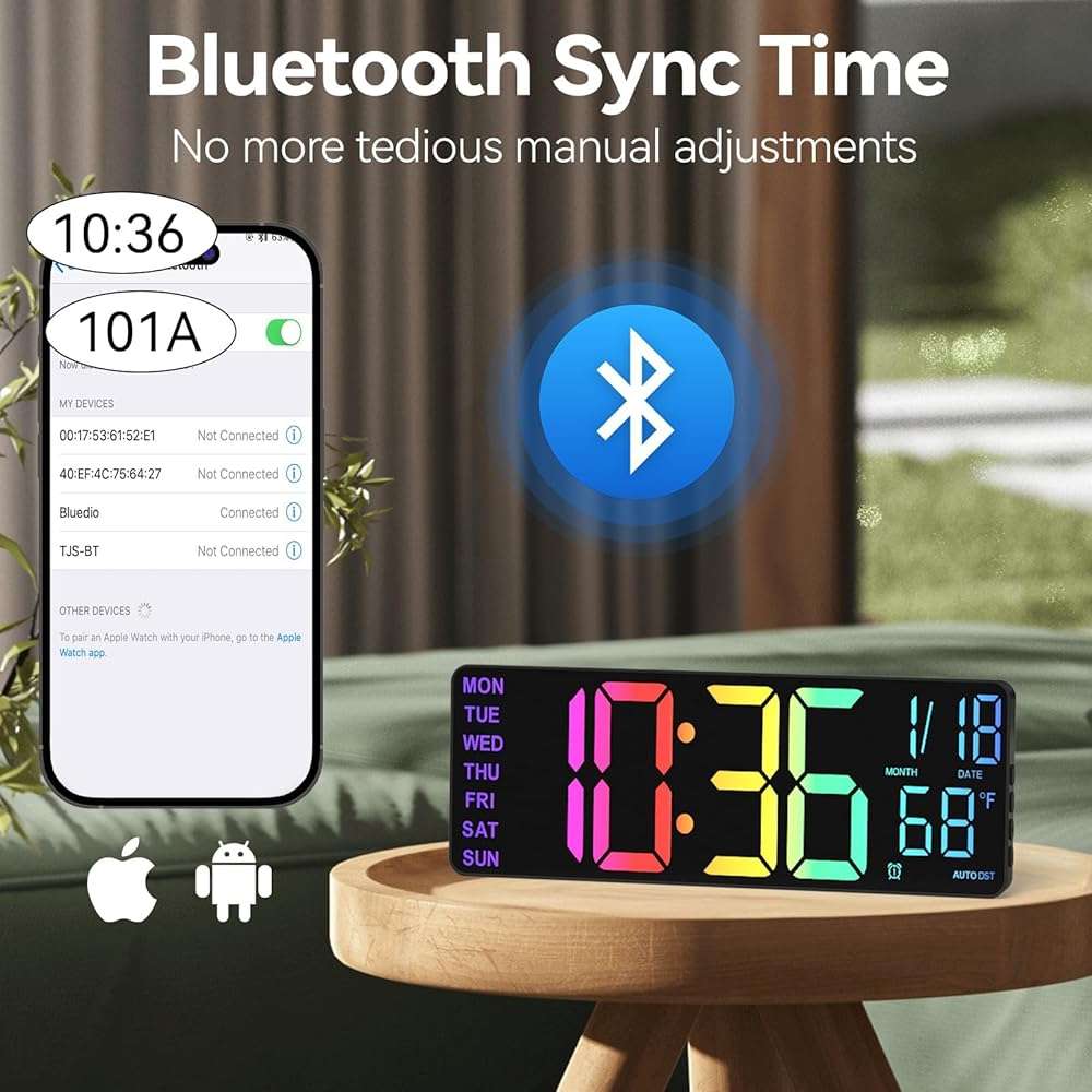 YISILE 13" Digital Wall Clock with Night Light,8 RGB Color,Dual Alarms with Large Display, Dimmer, Auto DST, Voice Control, Auto Time Sync,Remote Control for Living Room Bedroom,Gift for All Ages - Image 5