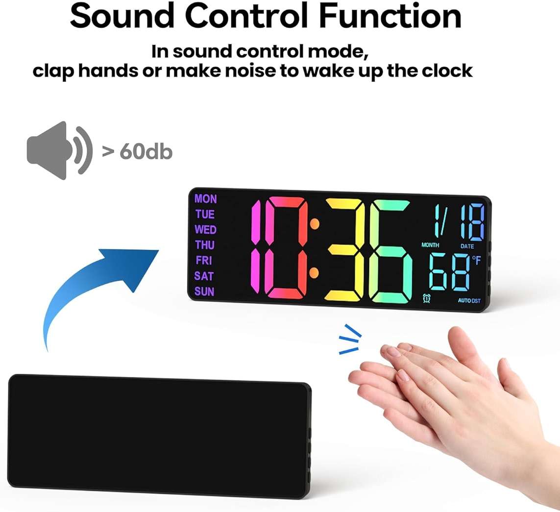 YISILE 13" Digital Wall Clock with Night Light,8 RGB Color,Dual Alarms with Large Display, Dimmer, Auto DST, Voice Control, Auto Time Sync,Remote Control for Living Room Bedroom,Gift for All Ages - Image 6