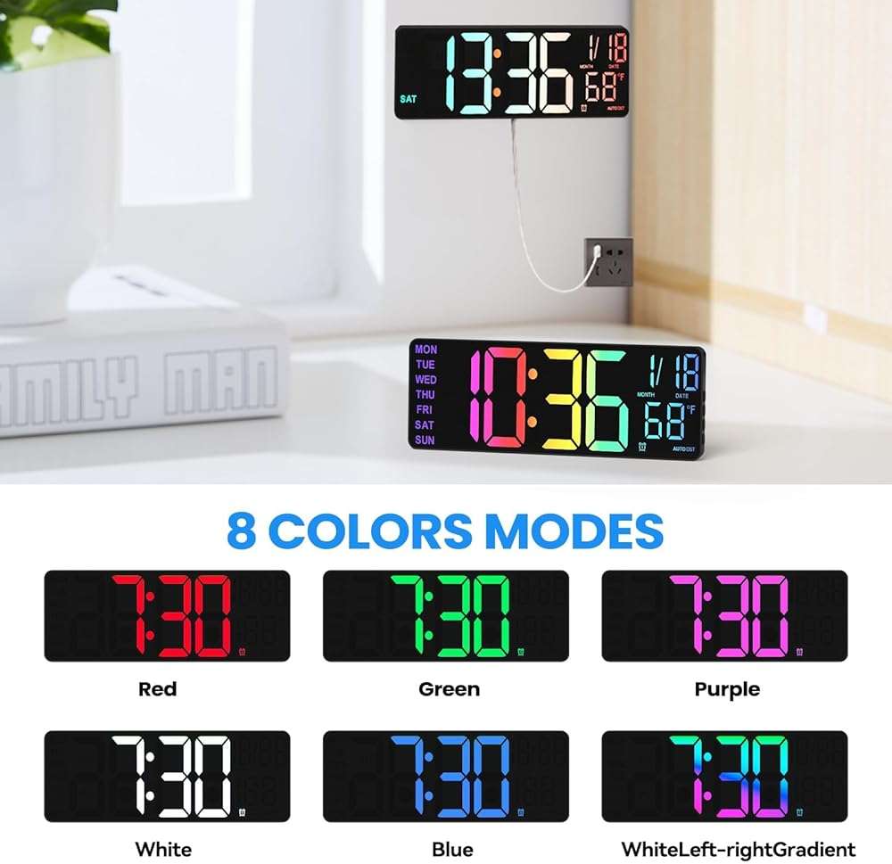 YISILE 13" Digital Wall Clock with Night Light,8 RGB Color,Dual Alarms with Large Display, Dimmer, Auto DST, Voice Control, Auto Time Sync,Remote Control for Living Room Bedroom,Gift for All Ages - Image 8