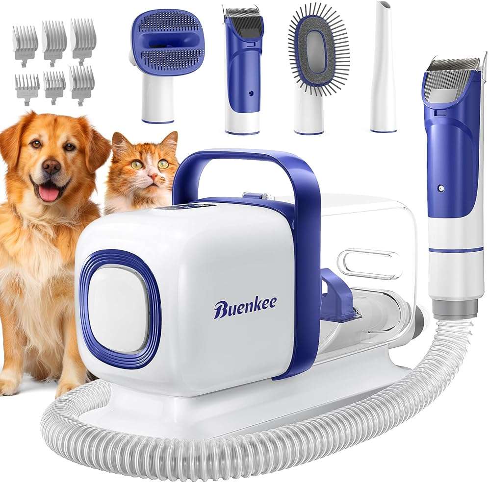 buenkee Dog Grooming Kit with Vacuum, 15000Pa Pet Hair Clipper and Shedding Brush, 2L Capacity, White - Image 1