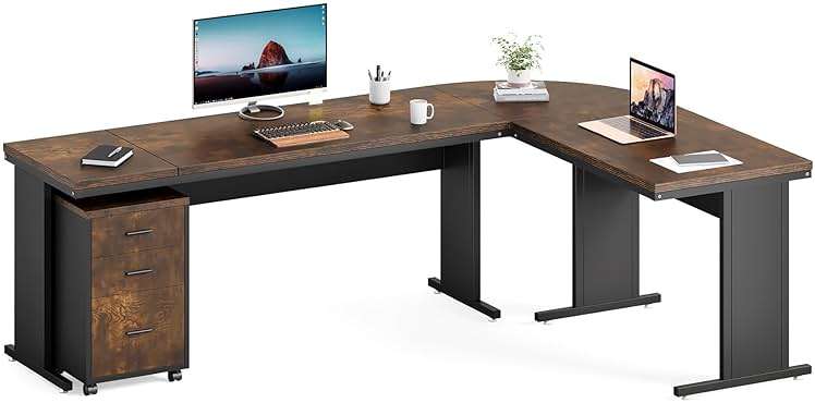 LITTLE TREE 83 Inch L-Shaped Office Desk with Drawers, Large Executive Office Desk with Storage, Wooden Computer Desk with File Cabinet, Modern Work Desk for Home Office, Brown - Image 1