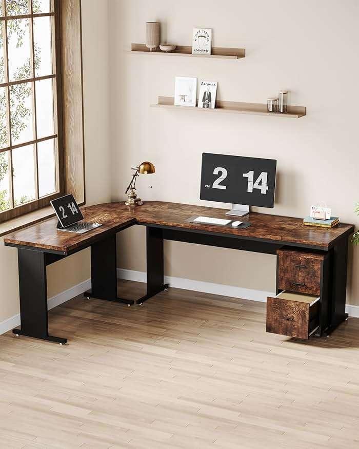 LITTLE TREE 83 Inch L-Shaped Office Desk with Drawers, Large Executive Office Desk with Storage, Wooden Computer Desk with File Cabinet, Modern Work Desk for Home Office, Brown - Image 2