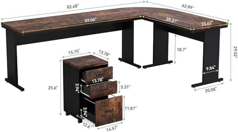 LITTLE TREE 83 Inch L-Shaped Office Desk with Drawers, Large Executive Office Desk with Storage, Wooden Computer Desk with File Cabinet, Modern Work Desk for Home Office, Brown - Image 3