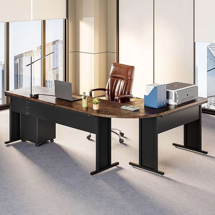 LITTLE TREE 83 Inch L-Shaped Office Desk with Drawers, Large Executive Office Desk with Storage, Wooden Computer Desk with File Cabinet, Modern Work Desk for Home Office, Brown - Image 5