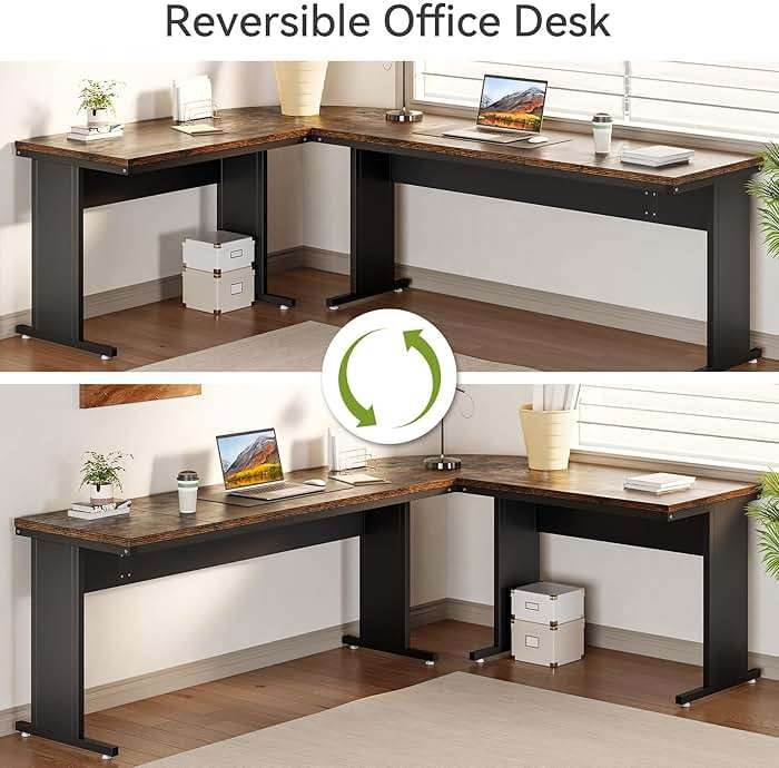 LITTLE TREE 83 Inch L-Shaped Office Desk with Drawers, Large Executive Office Desk with Storage, Wooden Computer Desk with File Cabinet, Modern Work Desk for Home Office, Brown - Image 6