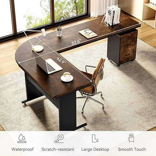 LITTLE TREE 83 Inch L-Shaped Office Desk with Drawers, Large Executive Office Desk with Storage, Wooden Computer Desk with File Cabinet, Modern Work Desk for Home Office, Brown - Image 7