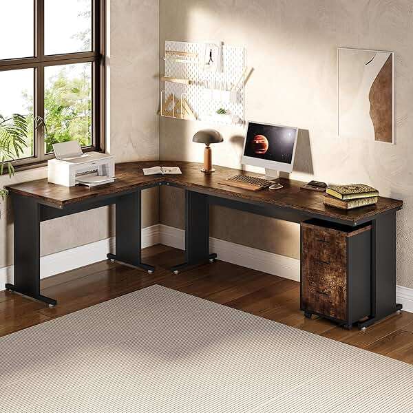 LITTLE TREE 83 Inch L-Shaped Office Desk with Drawers, Large Executive Office Desk with Storage, Wooden Computer Desk with File Cabinet, Modern Work Desk for Home Office, Brown - Image 8