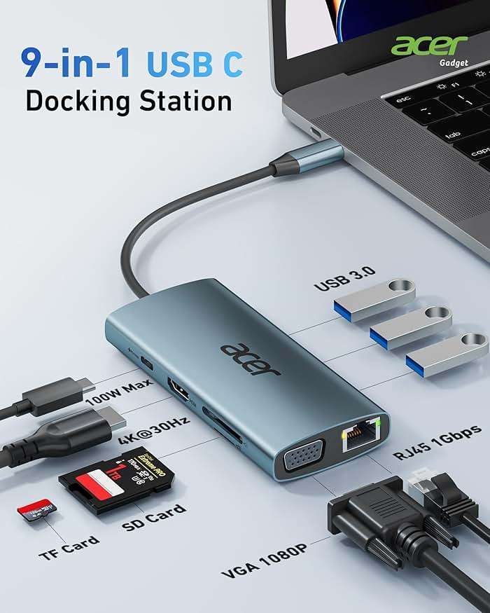 Acer USB C Hub with 4k HDMI, 9-in-1 USB C to Ethernet Adapter, 5Gbps USBA 3.0 Docking Station, VGA Splitter, SD Card Reader, PD 100W Charging for MacBook, Acer, Laptops, Surface and More - Image 2