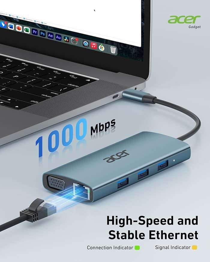 Acer USB C Hub with 4k HDMI, 9-in-1 USB C to Ethernet Adapter, 5Gbps USBA 3.0 Docking Station, VGA Splitter, SD Card Reader, PD 100W Charging for MacBook, Acer, Laptops, Surface and More - Image 4