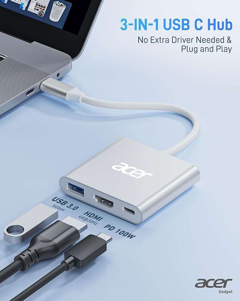 Acer USB C to HDMI Adapter, 4K USB C Hub with 100W PD, USBA 3.0 Port, HDMI to USBC Multiport Digital AV Converter for MacBook Neo/Pro/Air, iPad, Tablets, TV, Monitor and More (Silver) - Image 2