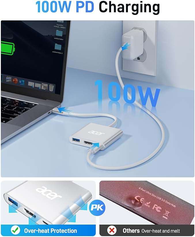Acer USB C to HDMI Adapter, 4K USB C Hub with 100W PD, USBA 3.0 Port, HDMI to USBC Multiport Digital AV Converter for MacBook Neo/Pro/Air, iPad, Tablets, TV, Monitor and More (Silver) - Image 4