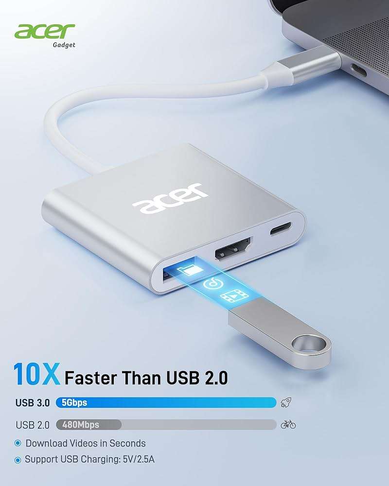 Acer USB C to HDMI Adapter, 4K USB C Hub with 100W PD, USBA 3.0 Port, HDMI to USBC Multiport Digital AV Converter for MacBook Neo/Pro/Air, iPad, Tablets, TV, Monitor and More (Silver) - Image 5