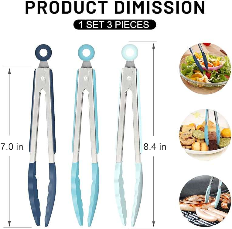 Hotec Mini Silicone Kitchen Tongs for Cooking - 7-Inch Small Serving Tongs with Silicone Tips, Set of 3 (Blue) - Image 3