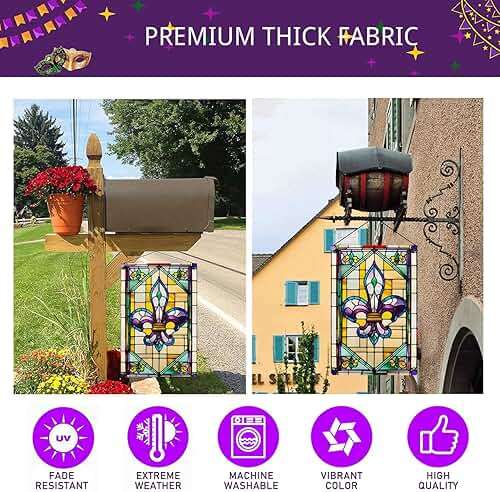 Jauageon Welcome Mardi Gras Garden Flag Fleur de Lis Garden Flag Glass Style Welcome New Orleans Vertical Double Sided Rustic Farmland Burlap Yard Lawn Outdoor Decor 12.5x18" - Image 7