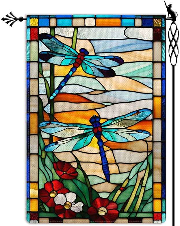 Jauageon Spring Summer Dragonfly Garden Flag Glass Style Flowers Garden Flag Vertical Double Sided Rustic Farmland Burlap Yard Lawn Outdoor Decor 12.5x18" - Image 1