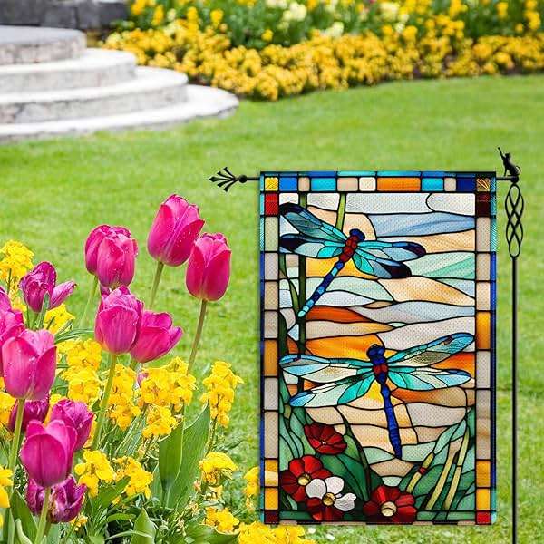 Jauageon Spring Summer Dragonfly Garden Flag Glass Style Flowers Garden Flag Vertical Double Sided Rustic Farmland Burlap Yard Lawn Outdoor Decor 12.5x18" - Image 2