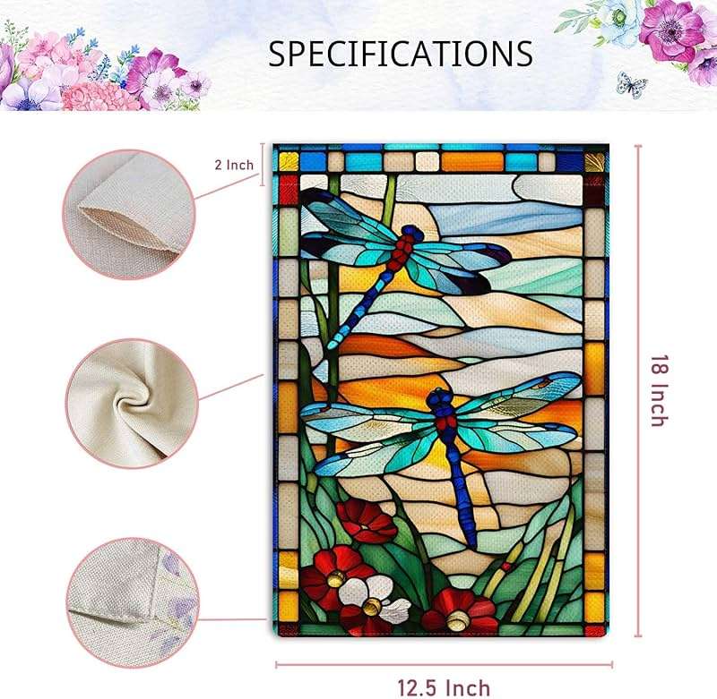 Jauageon Spring Summer Dragonfly Garden Flag Glass Style Flowers Garden Flag Vertical Double Sided Rustic Farmland Burlap Yard Lawn Outdoor Decor 12.5x18" - Image 3