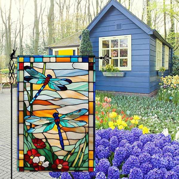 Jauageon Spring Summer Dragonfly Garden Flag Glass Style Flowers Garden Flag Vertical Double Sided Rustic Farmland Burlap Yard Lawn Outdoor Decor 12.5x18" - Image 4