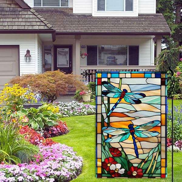 Jauageon Spring Summer Dragonfly Garden Flag Glass Style Flowers Garden Flag Vertical Double Sided Rustic Farmland Burlap Yard Lawn Outdoor Decor 12.5x18" - Image 5