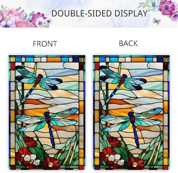 Jauageon Spring Summer Dragonfly Garden Flag Glass Style Flowers Garden Flag Vertical Double Sided Rustic Farmland Burlap Yard Lawn Outdoor Decor 12.5x18" - Image 6