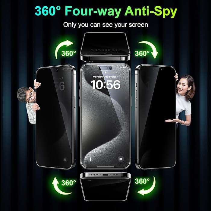 Esanik [2-Pack for iPhone 15 Pro Max 360° Privacy Screen Protector - 4-Way Anti-Spy Tempered Glass,Shatterproof, Anti-Peep, Scratch Resistant,Easy Installation Frame Included - Image 3