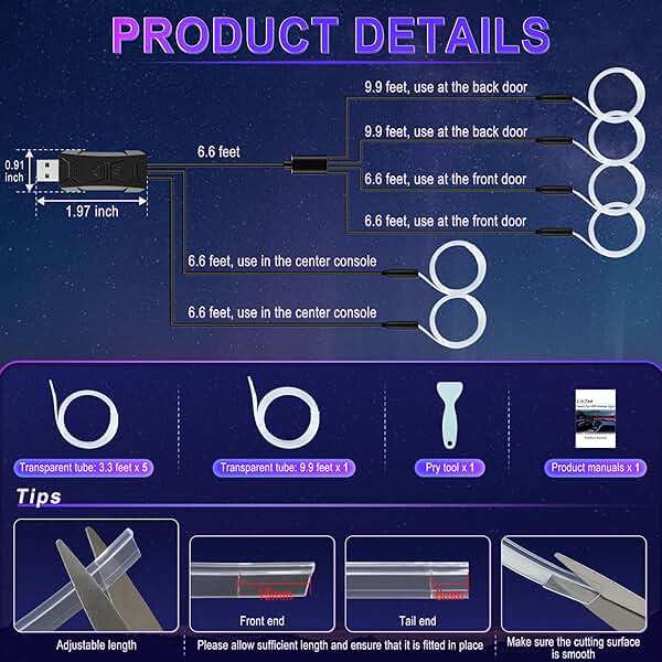 LivTee Smart LED Car Lights Interior with USB Port, LED Strip Fiber Optic Ambient Lighting Car, Wireless App Control, Sync to Music, Car Decorations Interior Accessories Gifts for Women Men, 6 in 1 - Image 4