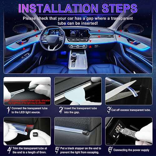LivTee Smart LED Car Lights Interior with USB Port, LED Strip Fiber Optic Ambient Lighting Car, Wireless App Control, Sync to Music, Car Decorations Interior Accessories Gifts for Women Men, 6 in 1 - Image 5