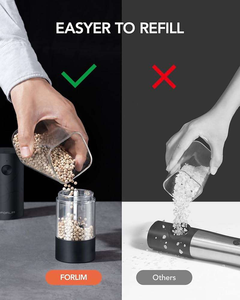 FORLIM Electric Salt and Pepper Grinder Set, USB Rechargeable, Automatic Salt Pepper Mill Grinder with Dust Cover, One-Button Control, Adjustable Coarseness, White LED Light (2 Packs, Black&White) - Image 6