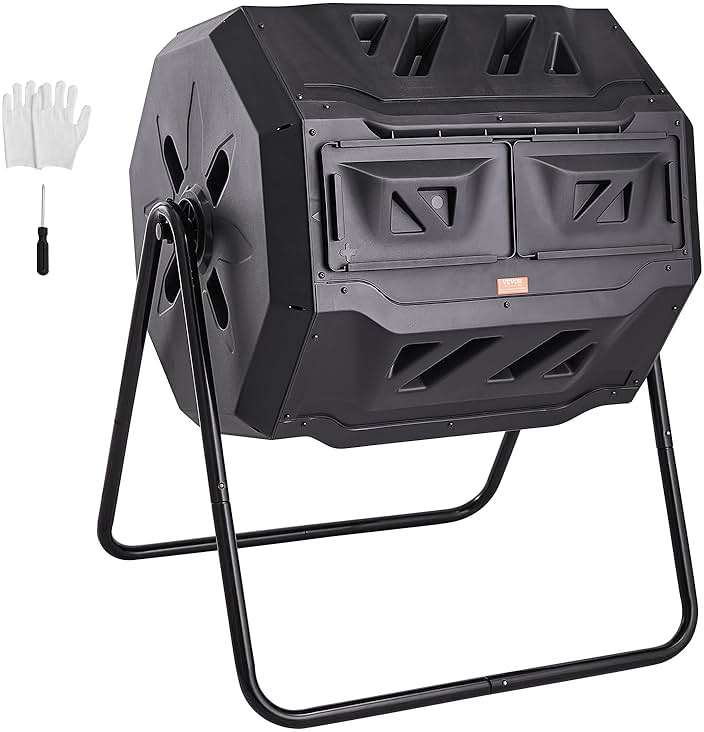 VEVOR Compost Bin, 43-Gal Dual Chamber Composting Tumbler, Large Tumbling Rotating Composter with 2 Sliding Doors and Steel Frame, BPA Free Composter Bin Tumbler for Garden, Kitchen, Yard, Outdoor - Image 1