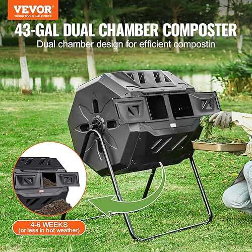VEVOR Compost Bin, 43-Gal Dual Chamber Composting Tumbler, Large Tumbling Rotating Composter with 2 Sliding Doors and Steel Frame, BPA Free Composter Bin Tumbler for Garden, Kitchen, Yard, Outdoor - Image 2