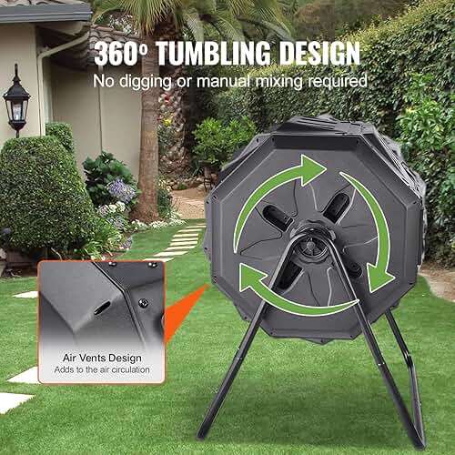 VEVOR Compost Bin, 43-Gal Dual Chamber Composting Tumbler, Large Tumbling Rotating Composter with 2 Sliding Doors and Steel Frame, BPA Free Composter Bin Tumbler for Garden, Kitchen, Yard, Outdoor - Image 5