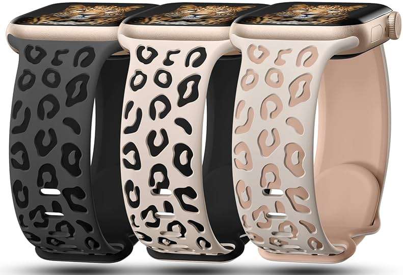 3 Pack Leopard Engraved Bands Compatible with Apple Watch Band 41mm 40mm 38mm 42mm 44mm 45mm 46mm 49mm Women, Soft Silicone Cheetah Embossed Sport Strap for iWatch Series 10 9 8 7 6 5 4 3 2 1 Ultra - Image 1