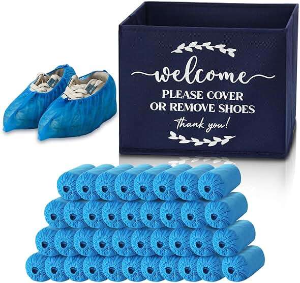 Suzile 200 Pack Disposable Shoe Covers with Dispenser Box Waterproof Disposable Non Slip Shoe Booties Foot Covers with Storage Box for Guests Indoor Open House Supplies(Dark Blue) - Image 1