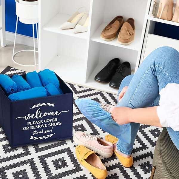 Suzile 200 Pack Disposable Shoe Covers with Dispenser Box Waterproof Disposable Non Slip Shoe Booties Foot Covers with Storage Box for Guests Indoor Open House Supplies(Dark Blue) - Image 2