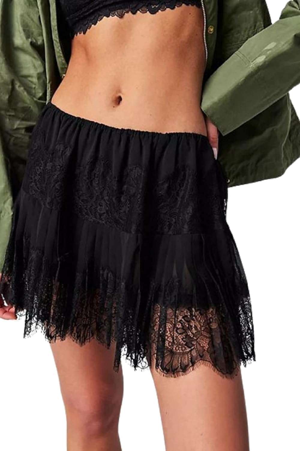 Women Y2k Lace Mini Skirt Low Rise Pleated Ruffle Half Slip Skirt Layered Flowy Short Skirt Streetwear - Image 1