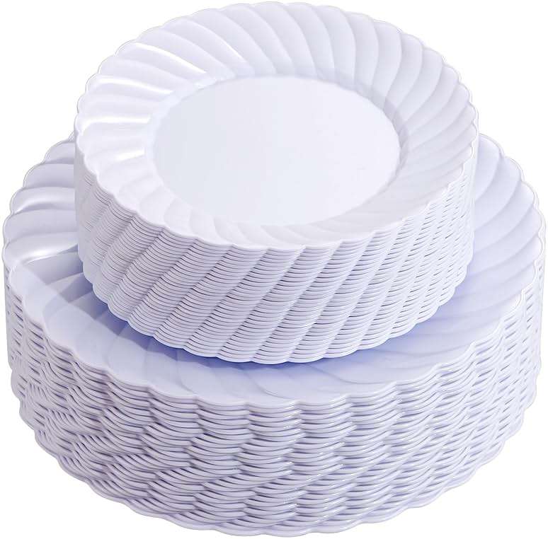 U-QE 100 Pieces White Plastic Plates - Premium White Disposable Plates for Wedding and Party Use Including 50PCS 9 '' Dinner Plate & 50PCS 6.5 '' Dessert Plate - Image 1