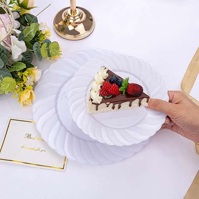 U-QE 100 Pieces White Plastic Plates - Premium White Disposable Plates for Wedding and Party Use Including 50PCS 9 '' Dinner Plate & 50PCS 6.5 '' Dessert Plate - Image 2
