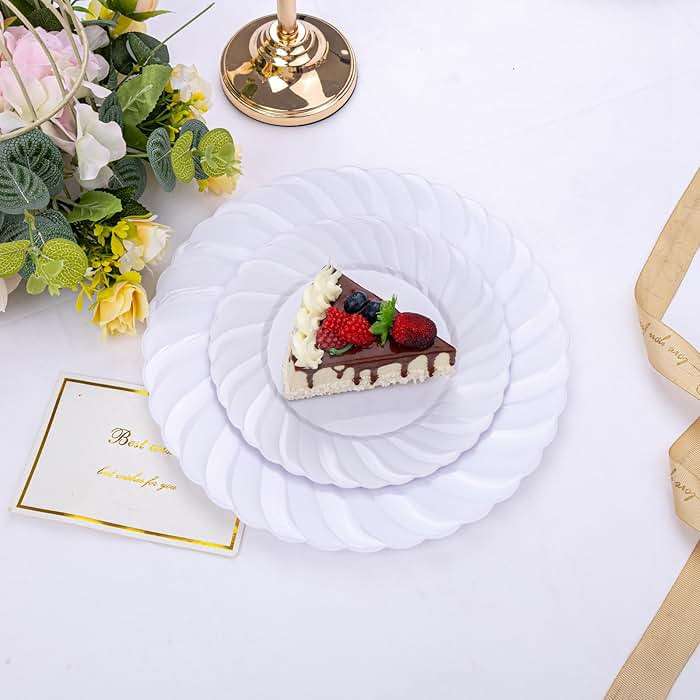 U-QE 100 Pieces White Plastic Plates - Premium White Disposable Plates for Wedding and Party Use Including 50PCS 9 '' Dinner Plate & 50PCS 6.5 '' Dessert Plate - Image 4