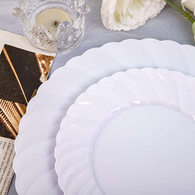 U-QE 100 Pieces White Plastic Plates - Premium White Disposable Plates for Wedding and Party Use Including 50PCS 9 '' Dinner Plate & 50PCS 6.5 '' Dessert Plate - Image 5