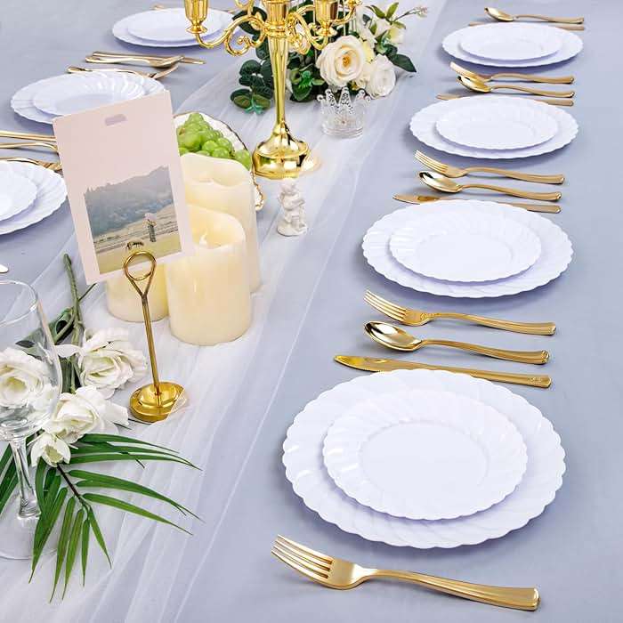 U-QE 100 Pieces White Plastic Plates - Premium White Disposable Plates for Wedding and Party Use Including 50PCS 9 '' Dinner Plate & 50PCS 6.5 '' Dessert Plate - Image 6