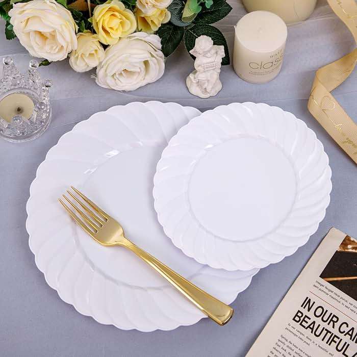 U-QE 100 Pieces White Plastic Plates - Premium White Disposable Plates for Wedding and Party Use Including 50PCS 9 '' Dinner Plate & 50PCS 6.5 '' Dessert Plate - Image 7
