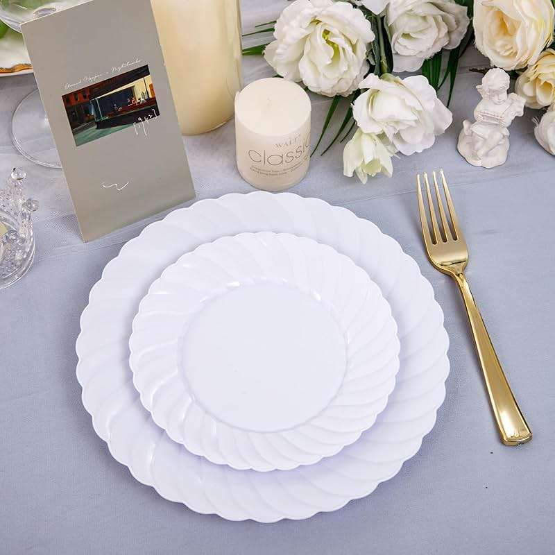 U-QE 100 Pieces White Plastic Plates - Premium White Disposable Plates for Wedding and Party Use Including 50PCS 9 '' Dinner Plate & 50PCS 6.5 '' Dessert Plate - Image 9