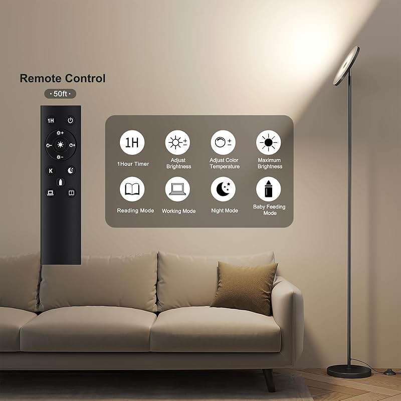 SUNMORY Floor Lamps for Living Room, 32W/3000LM Super Bright LED Floor Lamp with Remote Control, 69" Tall Standing Lamp with Stepless Dimmable, Modern Torchiere Corner Lamp for Bedroom, Office - Image 4